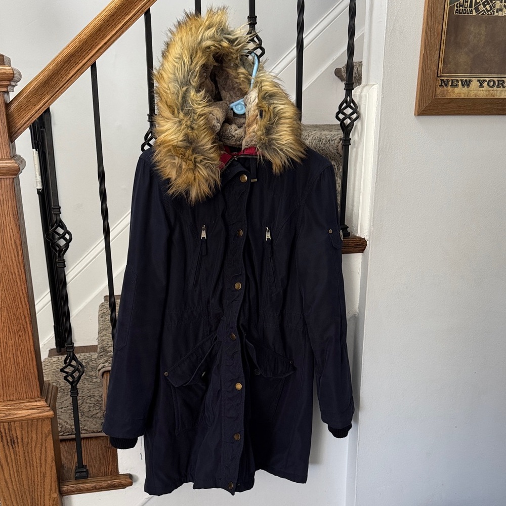 1 Madison Dark Blue Puffer Coat with Faux Fur Hood